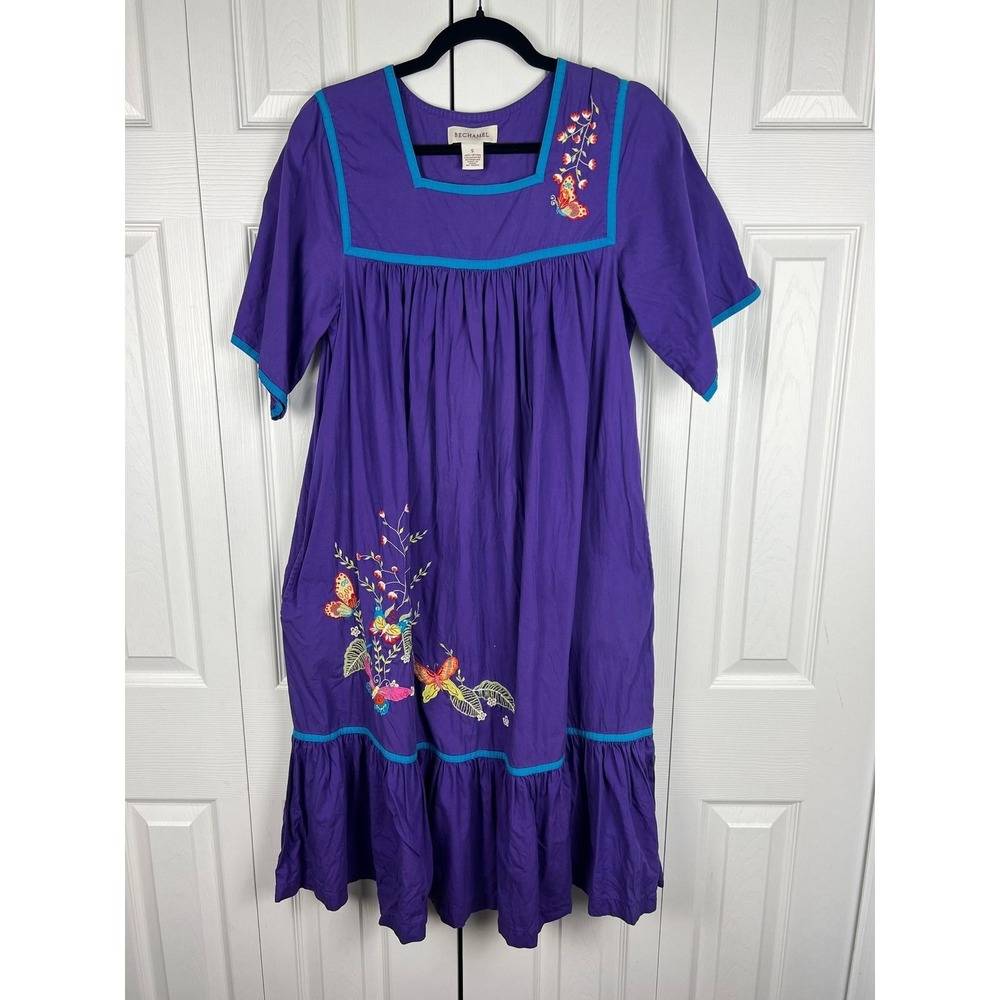 Bechamel Embroidered Butterfly Muumuu Dress Cottagecore Boho Hippie Purple Small